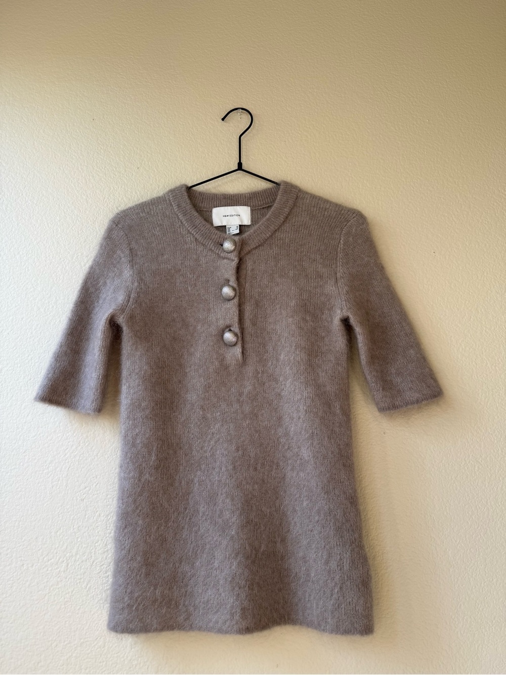 H&M Taupe Crewneck Short-Sleeve Sweater with Pearl Buttons - Picture 5 of 8